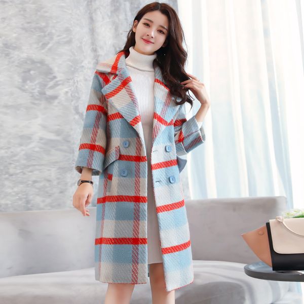 

fashion women's clothing winter solid long wool jacket double breasted women woolen coat casual thick warm plaid woolen jacket, Black