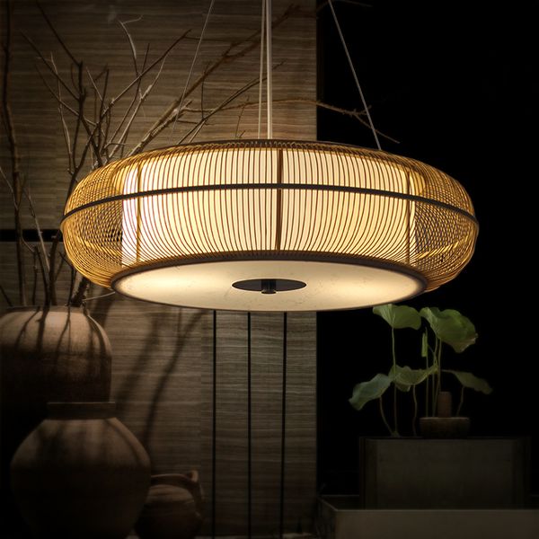 Bamboo Circular Pendant Lamps New China Restaurant Lamp Tea Room Living Room Study Bedroom Wood Crocheted Garden Lamps Red Pendant Lights Metal