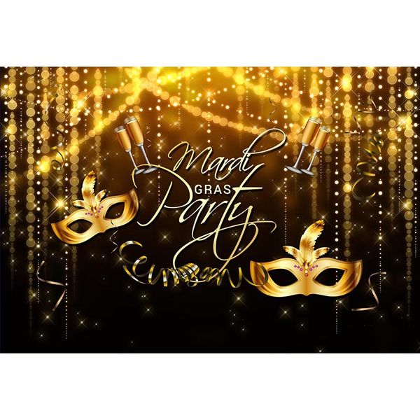 Mardi Gras Party Photo Booth Hintergrund gedruckt Bokeh Polka Dots Gold Masken Nacht Ball Event Banner Fotografie Hintergründe