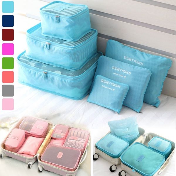 

6pc et travel torage bag boxe waterproof clothe packing cube luggage organizer portable pouch double zipper nna362, Blue;pink