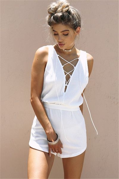 

women summer jumpsuits white bandage ties v-neck sleeveless tank shorts one piece rompers women beach suits, Black;white