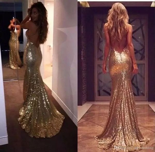 Sexy Spaghetti Com Decote Em V Vestidos de Baile Vestidos de Noite de Ouro Lantejoulas Simples Estilo Sereia Vestido de Festa Para Ocasiões Especiais Até O Chão