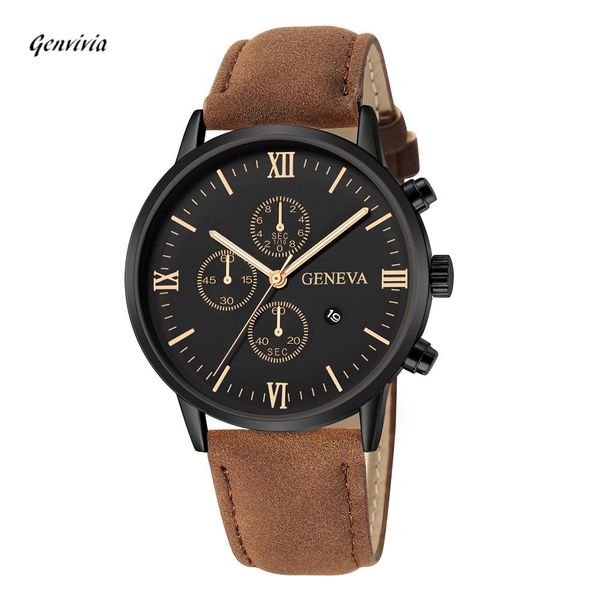 

genvivia men's watch fashion faux leather mens blue ray glass quartz quartz horloge korting relogio masculino watches, Slivery;brown