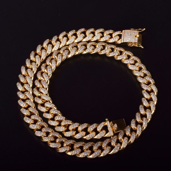 

12mm iced out zircon cuban necklace chain hip hop jewelry gold silver copper material cz clasp mens necklace link 18-28inch