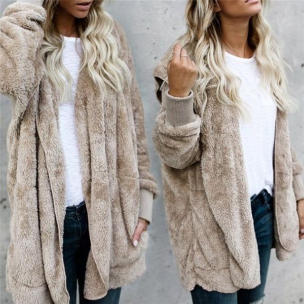

women fleece fur jacket outerwear winter warm hooded fluffy coat fashion hoodies open front pockets fall outwear overcoat, Black;brown
