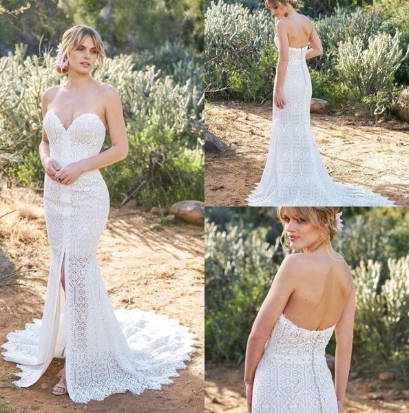 

элегантные кружева boho свадебные платья милая шеи спинки русалка свадебные платья развертки поезд передняя щель свадебное платье плюс разме, White