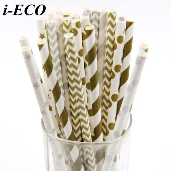 

25pcs paper straws gold/silver mixdesign drinking straws kids birthday/wedding party decoration wedding favors drinking