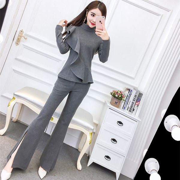 

mingjiebihuo fashion womens sets new arrival autumn korean office vintage solid color temperament flare long pants sets, Gray