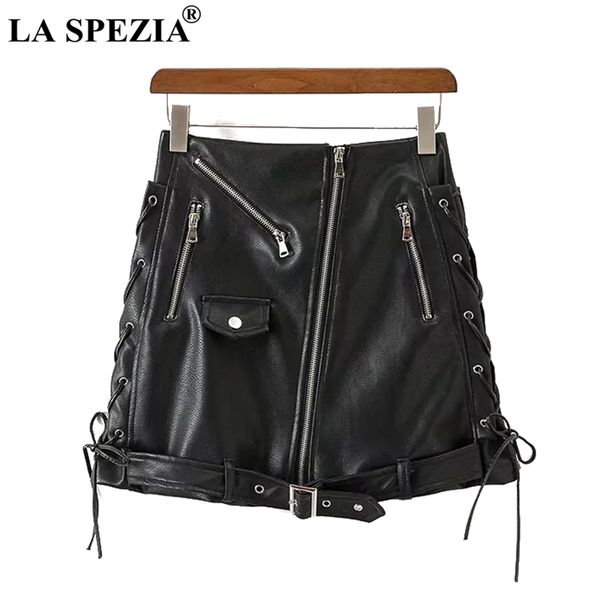 

la spezia leather skirts for women lace up black mini short skirts with belt female zippers biker slim fit punk rock mini skirt