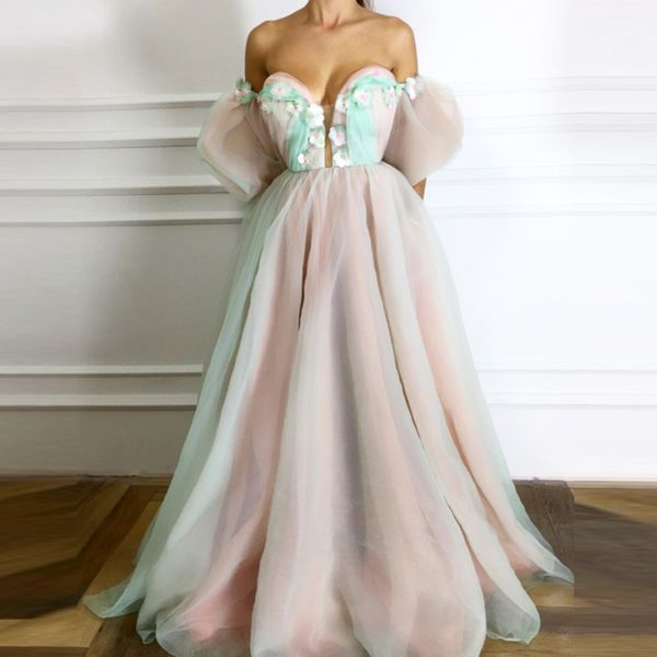 

off-the-shoulder sweetheart a-line prom gown short poet sleeve ruffle hand made flowers evening dresses new fashion formal party dress, Black