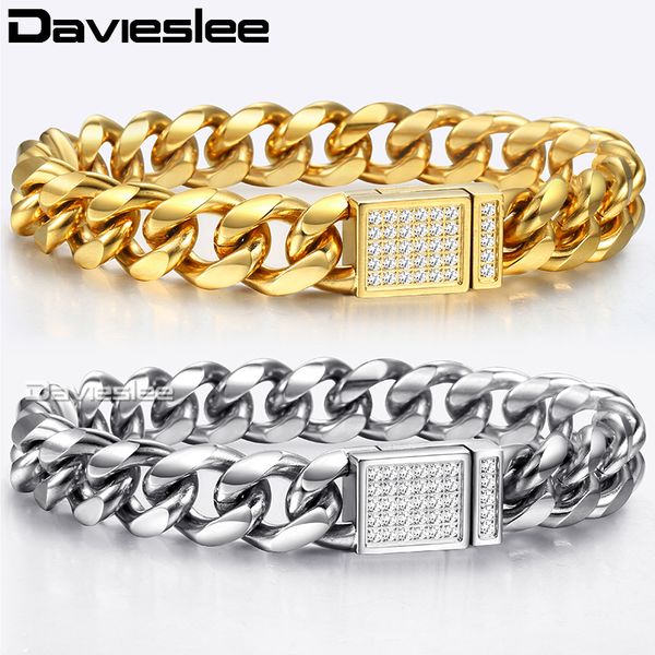 

davieslee curb cuban link bracelets for men boy silver gold tone 316l stainless steel cz magnetic clasp bracelet 12mm hbm119, Black