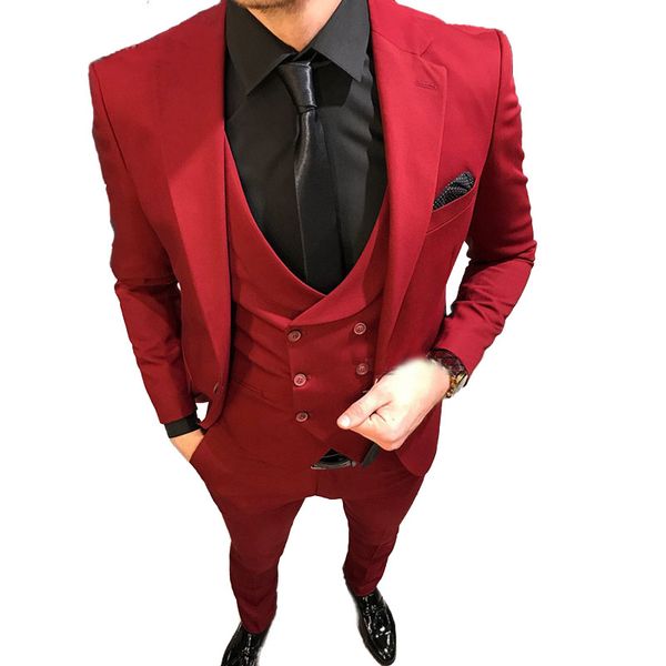 

burgundy men suits for wedding slim fit groom tuxedos custom made groomsmen suits peaked lapel prom wear 3 pieces jacket pants vest, Black;gray