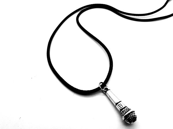 

ktv wireless microphone vintage music charm pendant necklace hip hop rapper dj night club leather rope necklaces friend jewelry, Silver