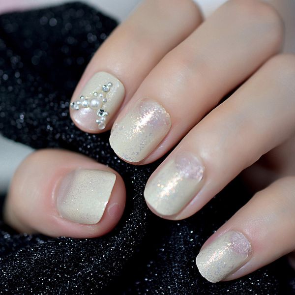 

small size french false fake nails tip 3d gems rhinestones shimmer colorful glitter salon decorated round head nail tips, Red;gold