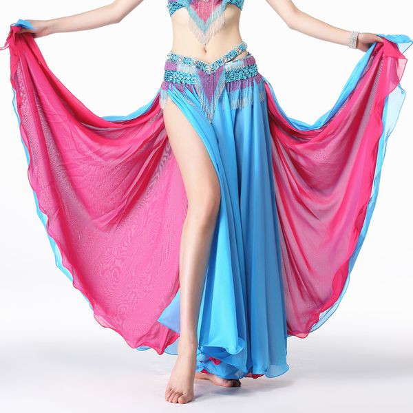 

double colors women belly dance costume accessories 2 layers side slit skirt chiffon bellydance skirts long, Black;red