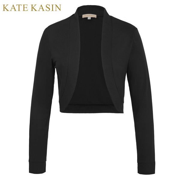 

kate kasin women's basic short coat long sleeve open front cropped 2018 female jacket cotton bolero shrug for casual wear s18101203, Black;brown