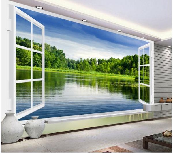

custom any size scenic lake outside the window modern wallpaper for living room