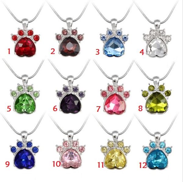 12 Cores Cristal Birthstone Colar Caçoso Cachorro Gato Cat Paw Colar Pingente Charms Beads Frete Grátis