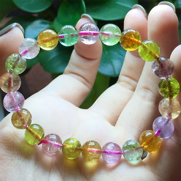 

natural genuine mix colorful clear purple pink green yellow tourmaline multi-color stretch bracelet round beads 8mm 04506, Black
