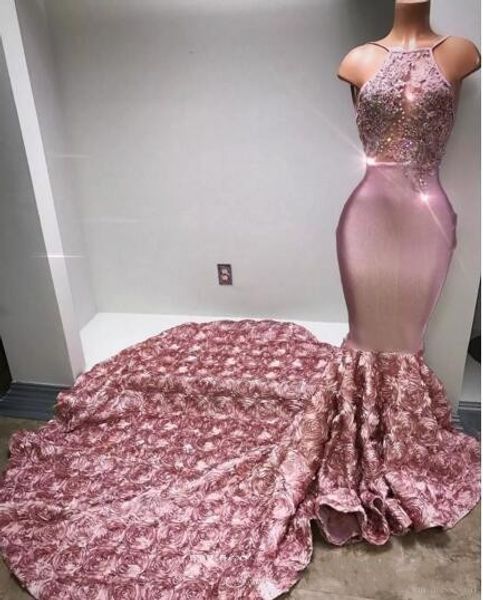 

Cascading Ruffles Rose Pink Long Prom Dresses Halter Sexy Back Rose Flower Sweep Train Appliques Beaded Sequined Mermaid Evening Dress