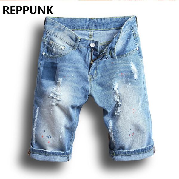 

reppunk 2018 tide hole male of the tide slim five summer denim shorts men's streetwear hiphop personality solid color jeans, Blue