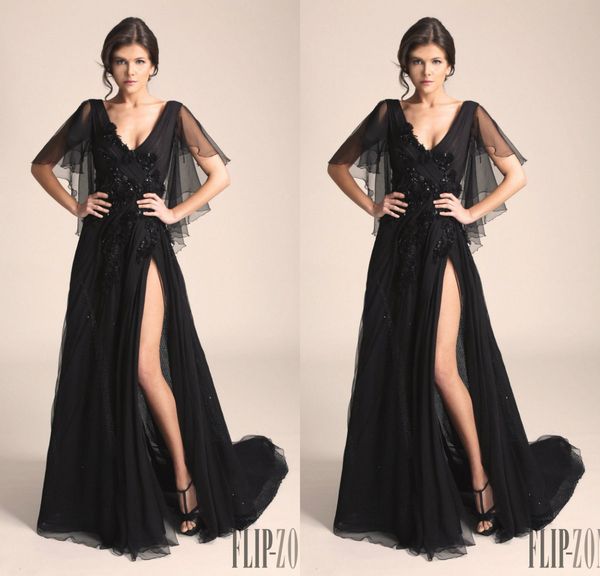 

black prom dresses v neck side split lace appliques sweep train beads evening dress party wear custom made plus size formal gowns
