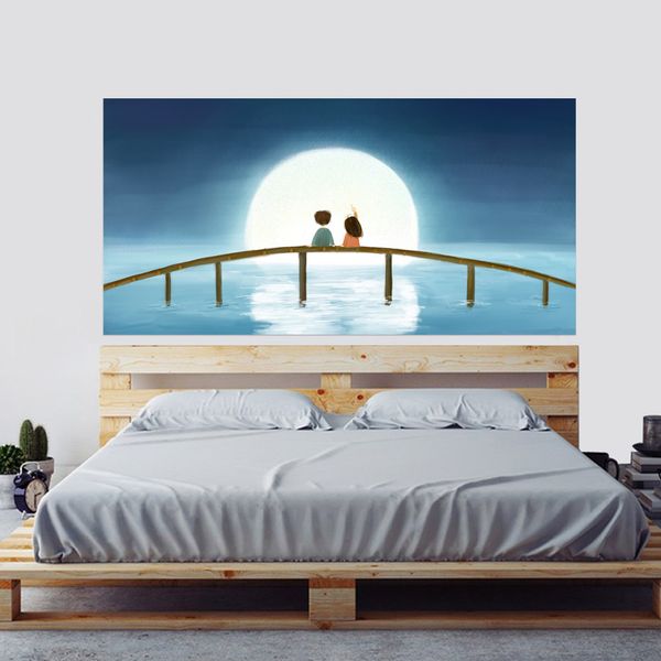 Creative Bed Head Decoration 3d Wall Stickers Cartoon Moon Couple Pattern For Bedroom Decor Large Size Diy Mural Art Picture Sports Wall Stickers Star