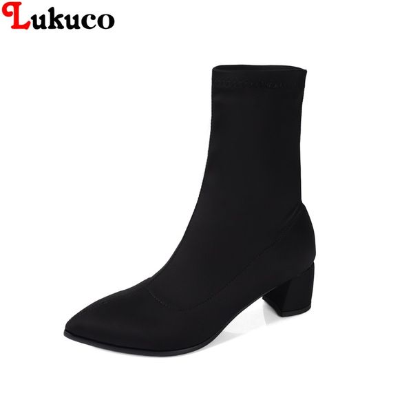 

lukuco russian original design boots mid-calf boot stretch fabric quality shoes plus size 41 42 43 handmade footwear women botas, Black