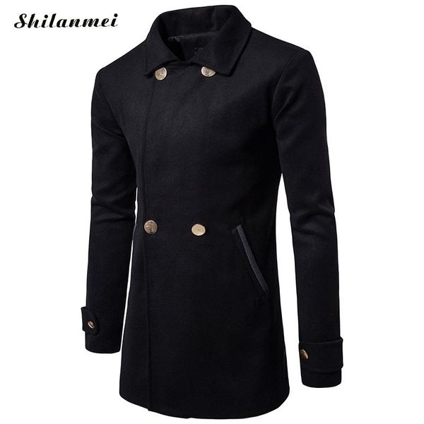 

2018 fashion men's autumn winter coat turn-down collar black gray wool blend men pea coat double breasted slim trench overcoat