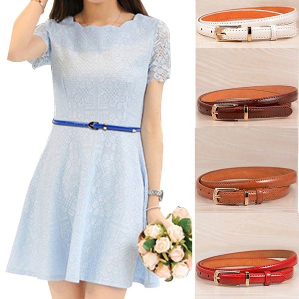 

women lady girl vintage thin pu leather belt exquisite dress waist belt ladies solid color fashion wild belts waistband 6 colors, Black;brown