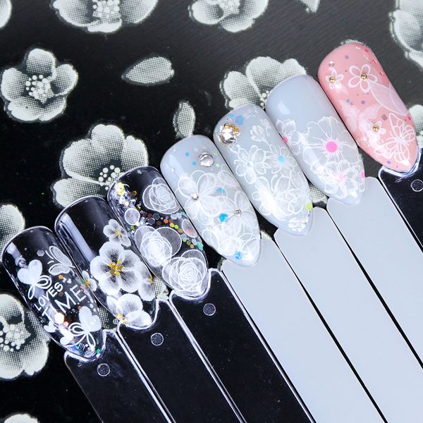 

1 sheet nail sticker 3d lace flower white color designs self adhesive charming slider for nail art decorations paper trcc001-027, Black