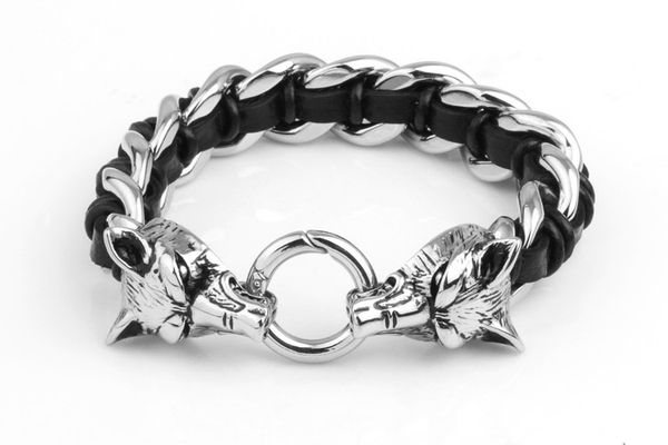 Moda Charm Pulseira De Couro Feitas À Mão Pulseiras Trançadas Para Homens Mulheres Preto Genius Jóias De Couro Duplo Wolf Acosseries De Aço Inoxidável