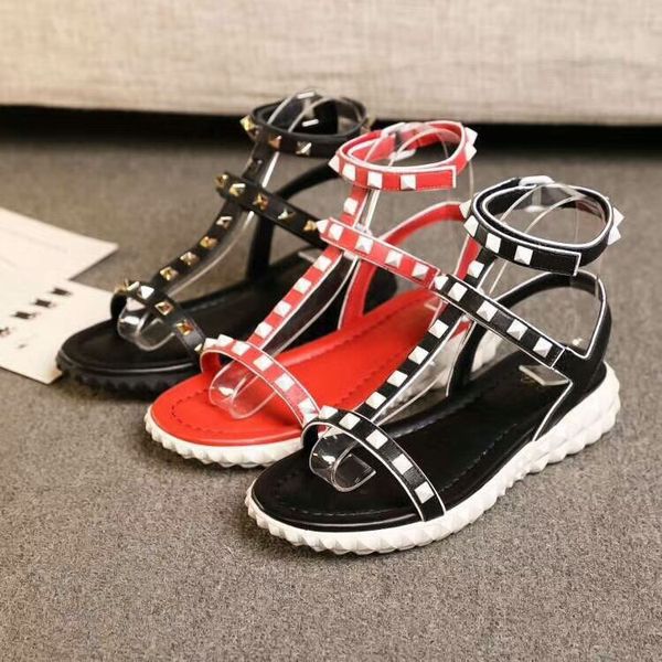

Rivets Women Gladiator Cutout Sandals Flats Shoes 2018Valentino Summer Ankle Boots Sandals Studs Red Black Shoes High Top Casual Sandals