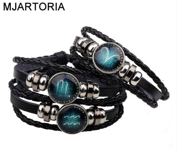 

mjartoria 12 constellation zodiac signs bracelet mens bracelets beaded handmade charm leather bracelet punk rock men jewelry, Golden;silver