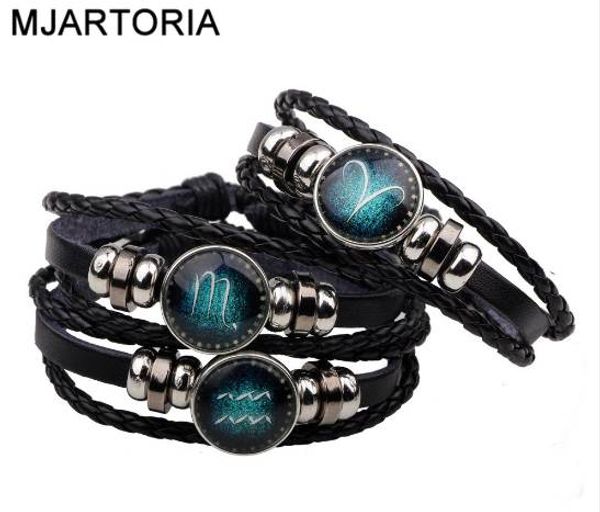 MJARTORIA 12 Constellation Zodiac Signs Bracciale Mens Bracciali con perline Bracciale in pelle con ciondoli fatti a mano Gioielli da uomo punk rock