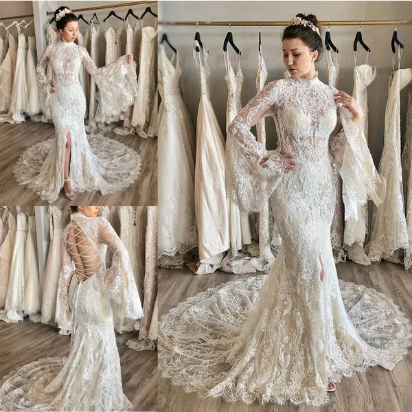 

fabulous lace mermaid wedding dresses high neck long sleeve bridal gown sweep train lace up back beach wedding dress plus size, White