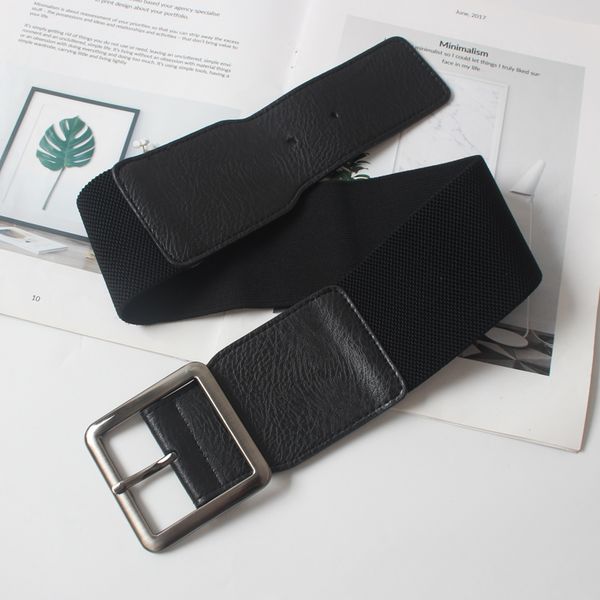 

new lady women elastic waistband wide waist belt retro big metal buckle faux leather black winter accessories, Black;brown