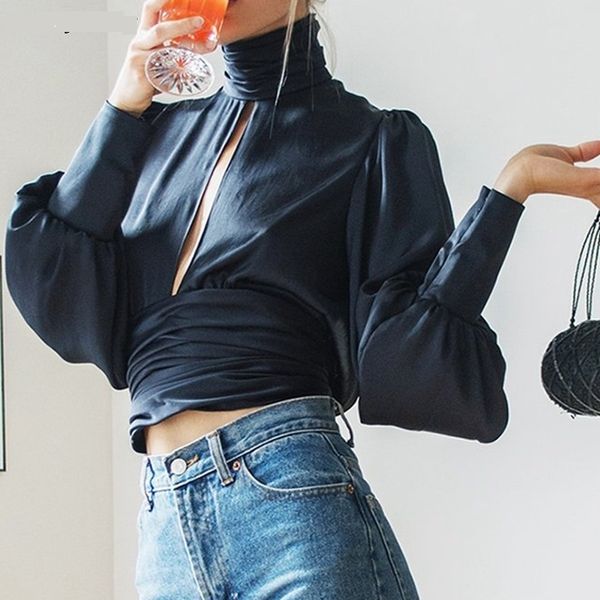 

brand designer women silk night out crop 2018 spring summer fashion satin high neck lantern sleeve shirts backless party cocktail blouse, White