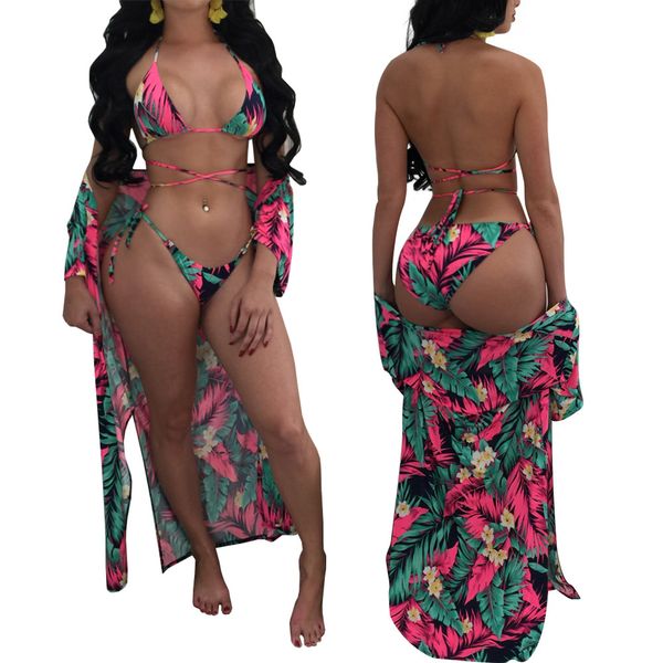 

2018 european and american swimsuit printing long sleeved suntan blouse + bandage split swimsuit three suits, White;black