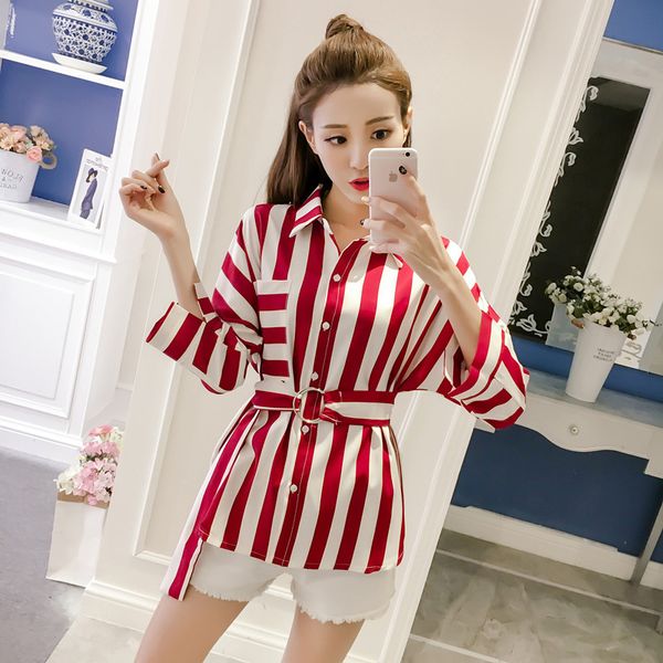 

поло воротник шить кардиган рубашка студент мода вертикальные полосы в длинной рубашке женщин, White