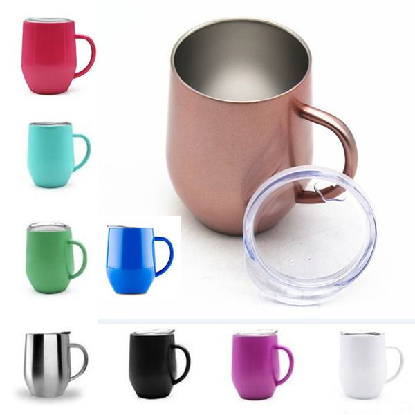 

new 12oz wine glass cup with handle & crystal clear lids stainless steel double wall vacuum insulated mugs drink coffee cups