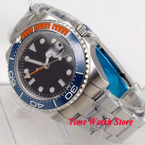 

solid 40mm gmt men's watch black sterile dial luminous saphire glass ceramic bezel automatic movement wrist watch men 144, Slivery;brown