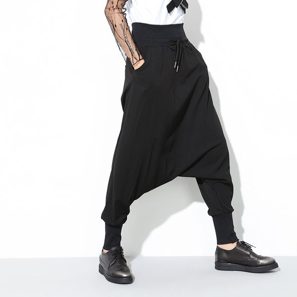 

eam] 2018 autumn summer new fashion black solid drawstring pockets causal loose big size women high waist harem pants ra224, Black;white