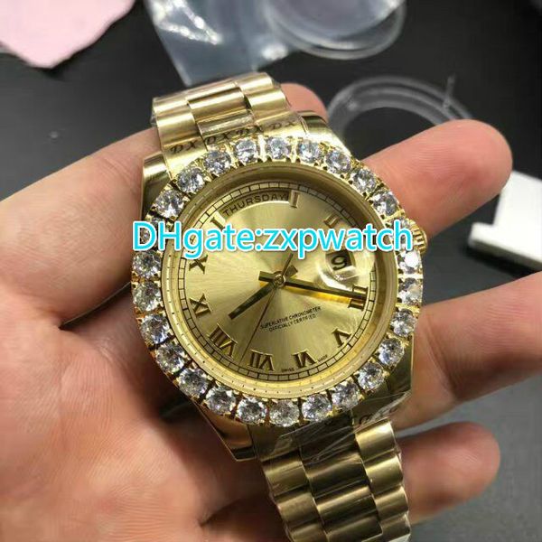 

Prong et diamond bezel watch automatic men luxury gold 42mm ca e gold face roman marker day date watche