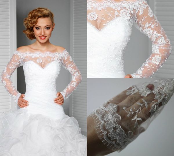 2018 Elegante Off Ombro Lace Bolero Jacket Illusion Botão Coberto Jackets Bridal Shrug Bride Wraps Wedding Dress Acessórios Shawl