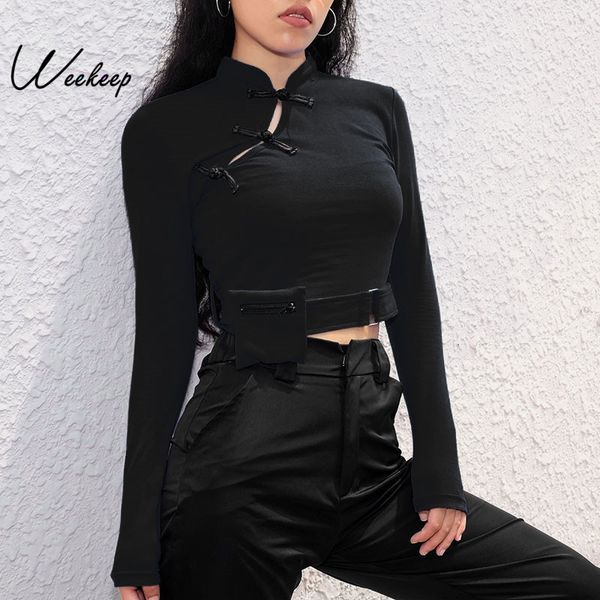 

weekeep women chinese style long sleeve t shirt knitted spring autumn cropped high street tshirt removable pocket crop top, White