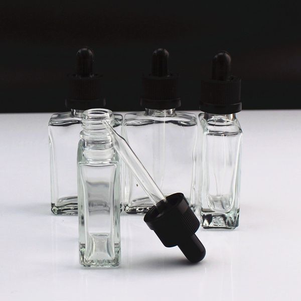 Gotes de gotas de gotas de vidro quadrado de 30 ml Eliquiid Clear Clear à prova de criança Caps evidentes para o suco líquido Óleo essencial DHL DHL