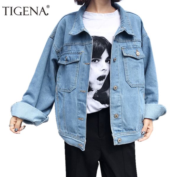 

tigena women denim jacket 2018 spring autumn long sleeve single breasted turn down collar loose jeans jacket female coats women, Black;brown
