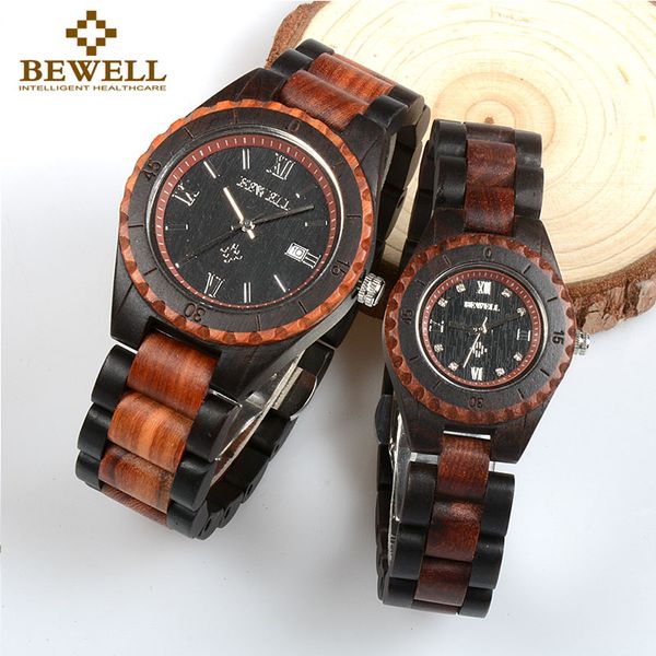 

bewell 2017 new arrival lover's wood watch men women calendar quartz wooden watch sport watches montre homme 128a, Slivery;brown