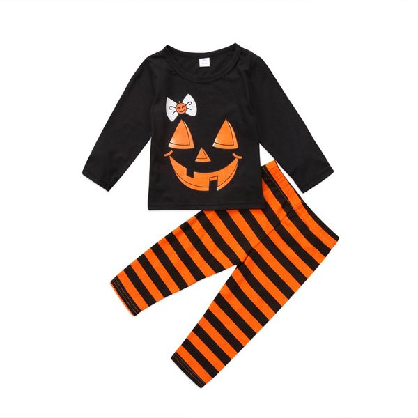 

2pcs toddler baby kids girl halloween clothes pumpkin print t-shirt long striped pants outfit set, White